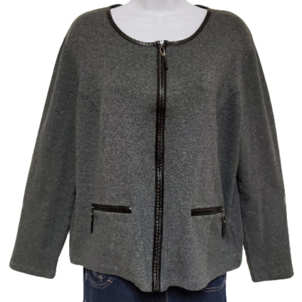 🌹Rafaella Charcol Gray Faux Leather Trim Zip Up Cardigan Sweater, Pockets sz L